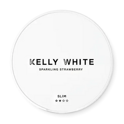 KELLY WHITE Sparkling Strawberry nicotine pouch can. Pink and white design, all white slim pouch with sparkling strawberry flavor. Fruity and lively.