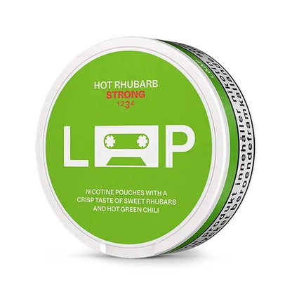 Loop Hot Rhubarb Strong nicotine pouch can. Pink and white design, all white slim pouch with hot rhubarb flavor. Strong and unique.
