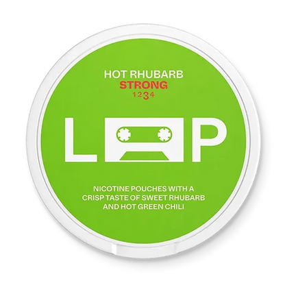 Loop Hot Rhubarb Strong nicotine pouch can. Pink and white design, all white slim pouch with hot rhubarb flavor. Strong and unique.