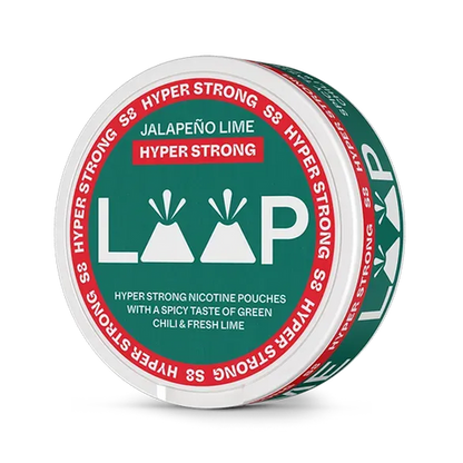 LOOP Jalapeno Lime Hyper Strong nicotine pouch can. Green and white design, all white slim pouch with spicy jalapeno and lime flavor. Hyper strong strength.