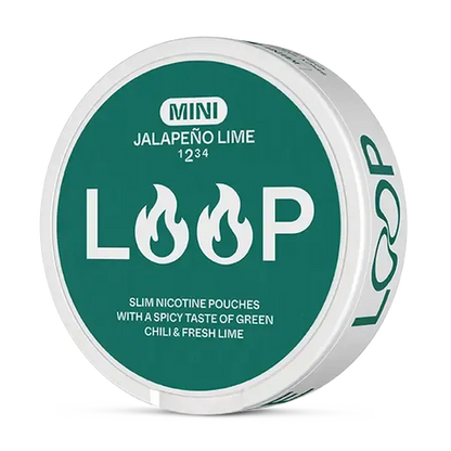 Close-up of LOOP Jalapeno Lime Mini all white nicotine pouch can. Mini format, jalapeno lime taste, compact and vibrant packaging.
