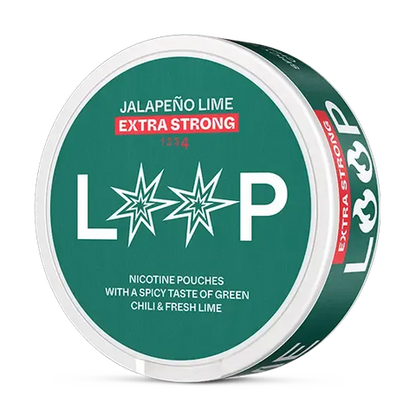 LOOP Jalapeno Lime Extra Strong nicotine pouch can. Green and white design, all white slim pouch with spicy jalapeno and lime flavor. Extra strong.