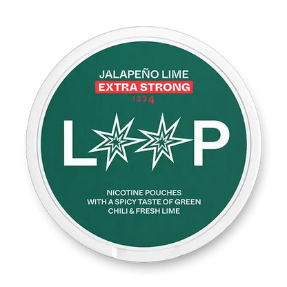 LOOP Jalapeno Lime Extra Strong nicotine pouch can. Green and white design, all white slim pouch with spicy jalapeno and lime flavor. Extra strong.