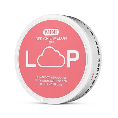 Close-up of LOOP Red Chili Melon Mini all white nicotine pouch can. Mini format, chili melon taste, compact and vibrant packaging.