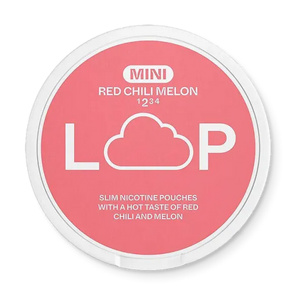Close-up of LOOP Red Chili Melon Mini all white nicotine pouch can. Mini format, chili melon taste, compact and vibrant packaging.