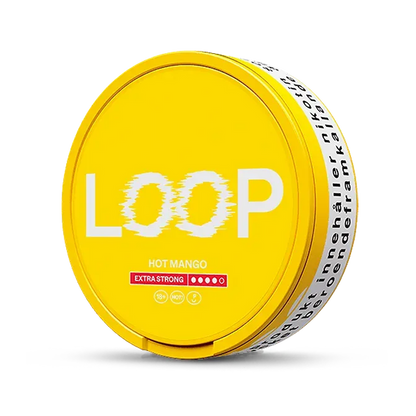 LOOP Hot Mango Extra Strong nicotine pouch can. Yellow and white design, all white slim pouch with spicy hot mango flavor. Extra strong strength.