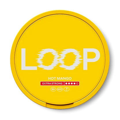 LOOP Hot Mango Extra Strong nicotine pouch can. Yellow and white design, all white slim pouch with spicy hot mango flavor. Extra strong strength.