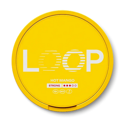 Loop Hot Mango Strong nicotine pouch can. Yellow and white design, all white slim pouch with spicy hot mango flavor. Strong and exotic.
