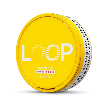 Loop Hot Mango Strong nicotine pouch can. Yellow and white design, all white slim pouch with spicy hot mango flavor. Strong and exotic.