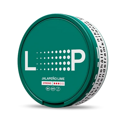 LOOP Jalapeno Lime nicotine pouch can. Green and white design, all white slim pouch with spicy jalapeno and lime flavor. Fresh and bold.