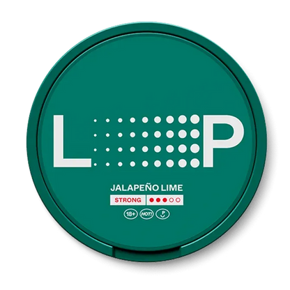 LOOP Jalapeno Lime nicotine pouch can. Green and white design, all white slim pouch with spicy jalapeno and lime flavor. Fresh and bold.