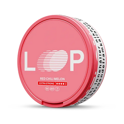 LOOP Red Chili Melon Extra Strong nicotine pouch can. Red and white design, all white slim pouch with spicy chili and sweet melon flavor. Extra strong.