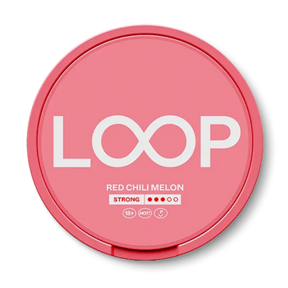 LOOP Red Chili Melon nicotine pouch can. Red and white design, all white slim pouch with spicy red chili and sweet melon flavor. Unique and bold.