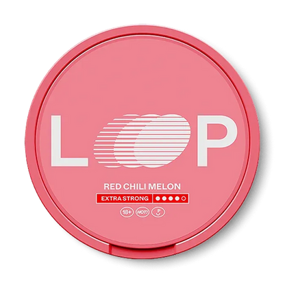 LOOP Red Chili Melon Extra Strong nicotine pouch can. Red and white design, all white slim pouch with spicy chili and sweet melon flavor. Extra strong.
