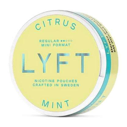 LYFT Citrus & Mint nicotine pouch can. White and yellow-green design, all white slim pouch with citrus and mint flavor. Fresh and zesty.