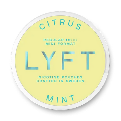 LYFT Citrus & Mint nicotine pouch can. White and yellow-green design, all white slim pouch with citrus and mint flavor. Fresh and zesty.