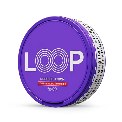 LOOP Licorice Fusion nicotine pouch can. Black and white design, all white slim pouch with unique licorice flavor. Modern and bold.