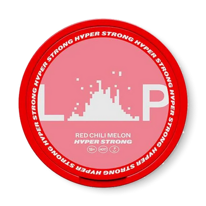 Close-up of LOOP Red Chili Melon Hyper Strong all white nicotine pouch can. Slim format, chili melon taste, vibrant packaging, hyper strong strength.