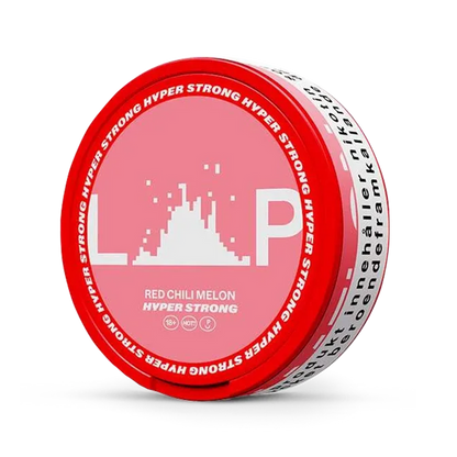 Close-up of LOOP Red Chili Melon Hyper Strong all white nicotine pouch can. Slim format, chili melon taste, vibrant packaging, hyper strong strength.