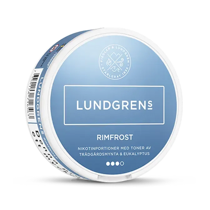 Lundgrens Rimfrost nicotine pouch can. Blue and white design, all white slim pouch with icy rimfrost (frost) flavor. Fresh and cool.