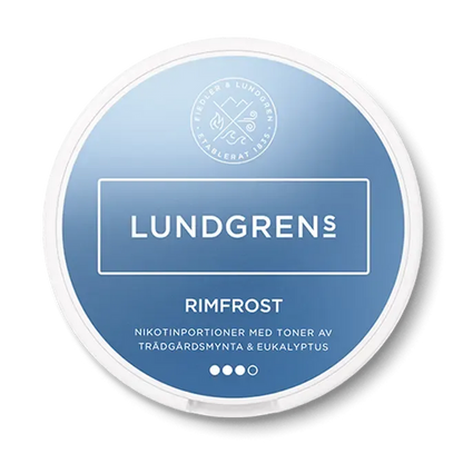 Lundgrens Rimfrost nicotine pouch can. Blue and white design, all white slim pouch with icy rimfrost (frost) flavor. Fresh and cool.