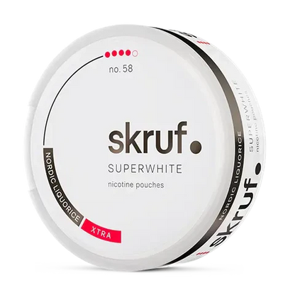 Skruf Superwhite No 58 Nordic Liquorice nicotine pouch can. Grey and white design, all white slim pouch with Nordic licorice flavor. Distinct and classic.