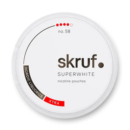 Skruf Superwhite No 58 Nordic Liquorice nicotine pouch can. Grey and white design, all white slim pouch with Nordic licorice flavor. Distinct and classic.