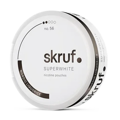 Skruf Superwhite No 56 Nordic Liquorice nicotine pouch can. Grey and white design, all white slim pouch with Nordic liquorice flavor. Classic and bold.