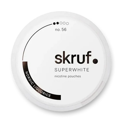 Skruf Superwhite No 56 Nordic Liquorice nicotine pouch can. Grey and white design, all white slim pouch with Nordic liquorice flavor. Classic and bold.