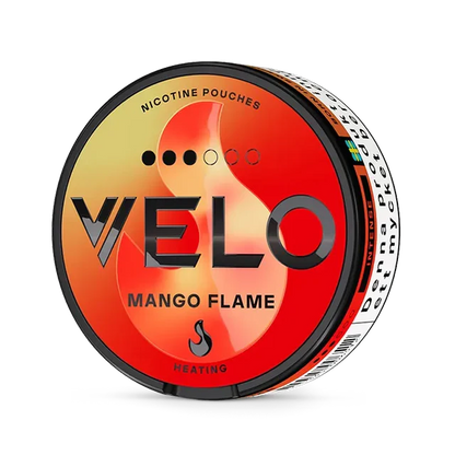 Velo Mango Flame Slim nicotine pouch can. Yellow and white design, all white slim pouch with spicy mango flavor. Bold and exotic.