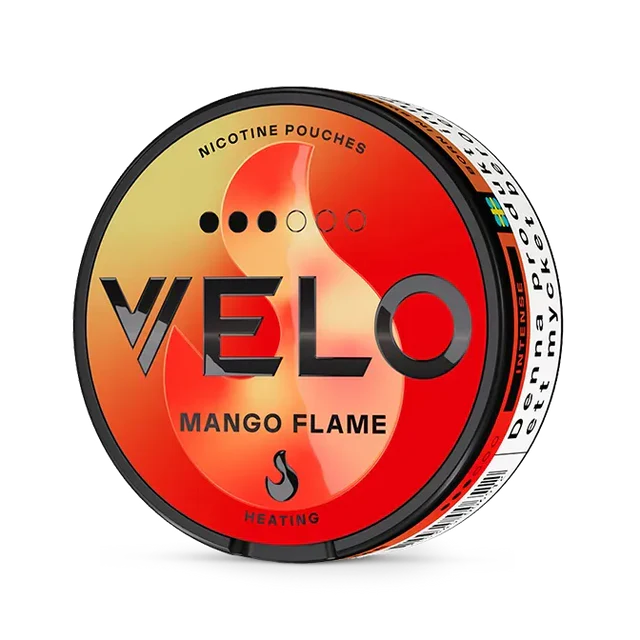 Velo Mango Flame Slim nicotine pouch can. Yellow and white design, all white slim pouch with spicy mango flavor. Bold and exotic.
