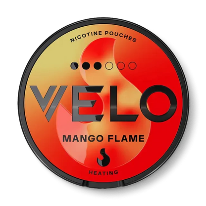 Velo Mango Flame Slim nicotine pouch can. Yellow and white design, all white slim pouch with spicy mango flavor. Bold and exotic.