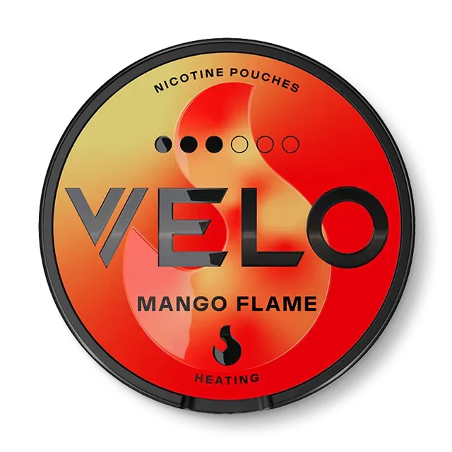 Velo Mango Flame Slim nicotine pouch can. Yellow and white design, all white slim pouch with spicy mango flavor. Bold and exotic.