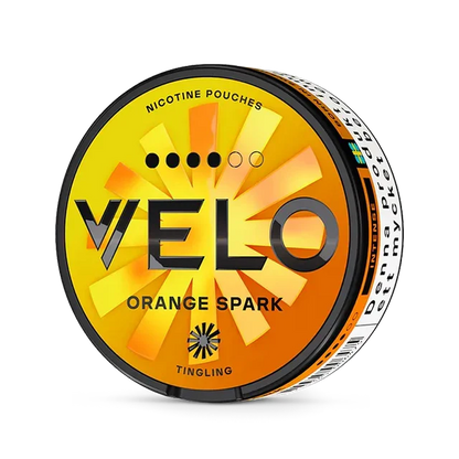 Velo Orange Spark Slim nicotine pouch can. Orange and white design, all white slim pouch with vibrant orange flavor. Fresh and zesty.