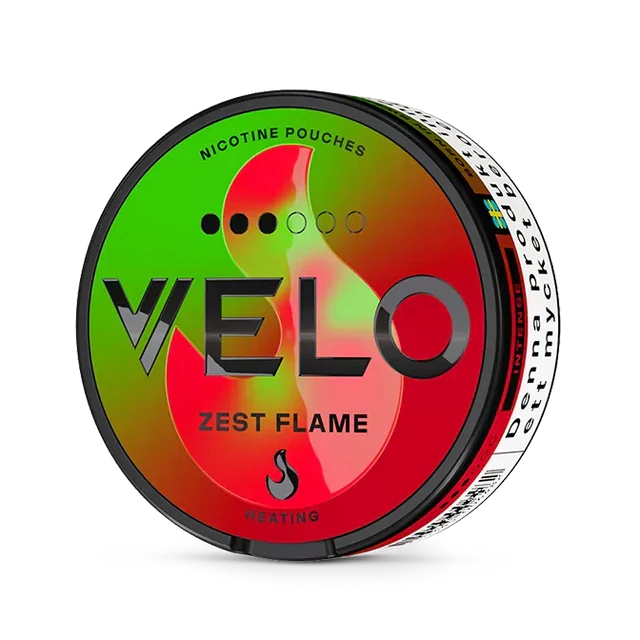 Close-up of Velo Zest Flame Slim all white nicotine pouch can. Slim format, zest flame taste, modern vibrant packaging.