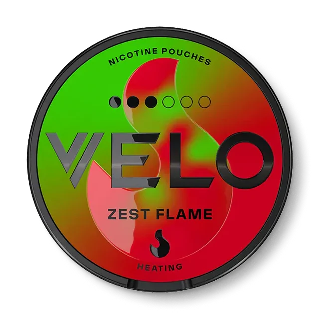 Close-up of Velo Zest Flame Slim all white nicotine pouch can. Slim format, zest flame taste, modern vibrant packaging.