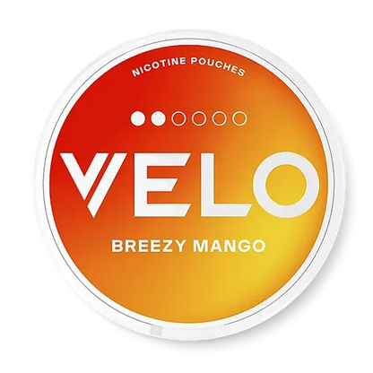 Velo Breezy Mango Slim nicotine pouch can. Yellow and white design, all white slim pouch with smooth mango flavor. Fruity and fresh.