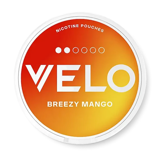 Velo Breezy Mango Slim nicotine pouch can. Yellow and white design, all white slim pouch with smooth mango flavor. Fruity and fresh.