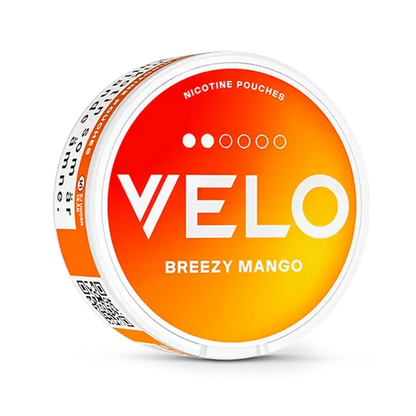 Velo Breezy Mango Slim nicotine pouch can. Yellow and white design, all white slim pouch with smooth mango flavor. Fruity and fresh.