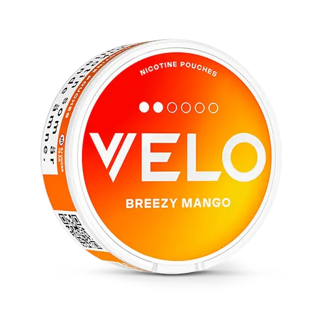 Velo Breezy Mango Slim nicotine pouch can. Yellow and white design, all white slim pouch with smooth mango flavor. Fruity and fresh.