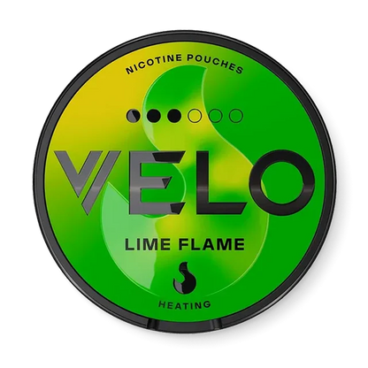 Velo Lime Flame Slim nicotine pouch can. Green and white design, all white slim pouch with zesty lime and spicy flavor. Fresh and bold.