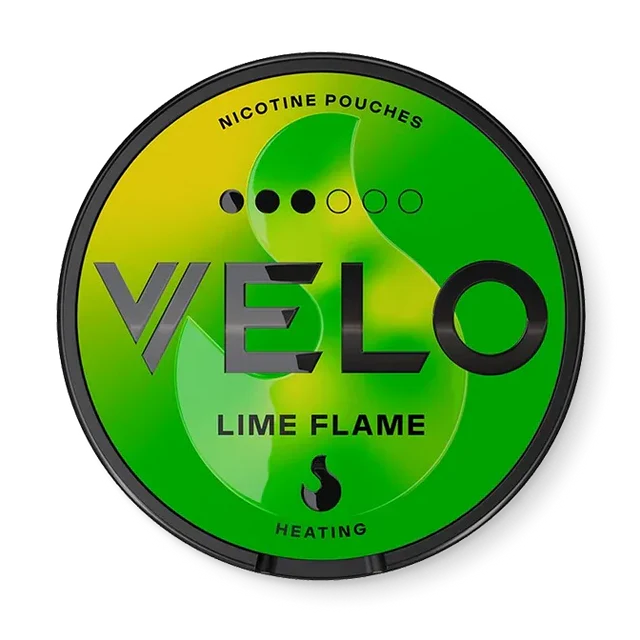 Velo Lime Flame Slim nicotine pouch can. Green and white design, all white slim pouch with zesty lime and spicy flavor. Fresh and bold.