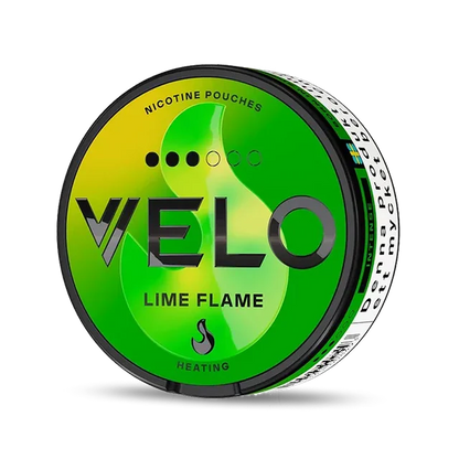 Velo Lime Flame Slim nicotine pouch can. Green and white design, all white slim pouch with zesty lime and spicy flavor. Fresh and bold.