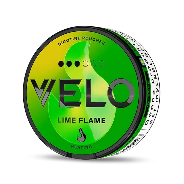 Velo Lime Flame Slim nicotine pouch can. Green and white design, all white slim pouch with zesty lime and spicy flavor. Fresh and bold.