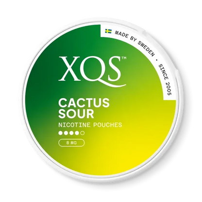 XQS Cactus Sour nicotine pouch can. Green and white design, all white slim pouch with tangy cactus flavor. Unique and refreshing.