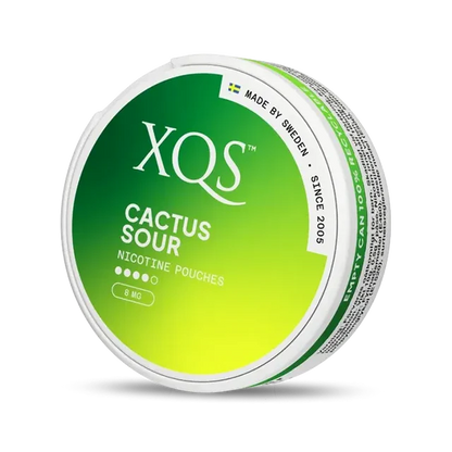 XQS Cactus Sour nicotine pouch can. Green and white design, all white slim pouch with tangy cactus flavor. Unique and refreshing.