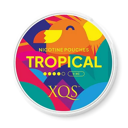XQS Tropical nicotine pouch can. Colorful design, all white slim pouch with tropical fruit flavor. Exotic and refreshing.