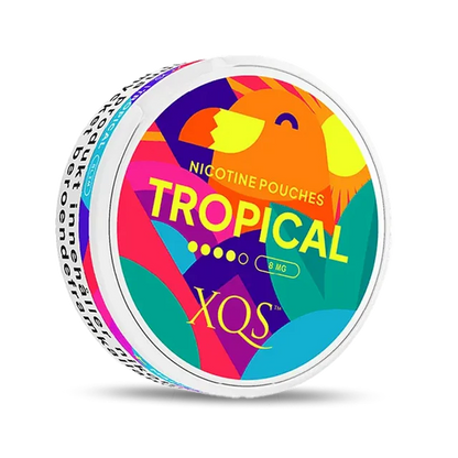 XQS Tropical nicotine pouch can. Colorful design, all white slim pouch with tropical fruit flavor. Exotic and refreshing.