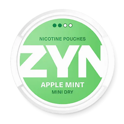 ZYN Apple Mint Mini Dry nicotine pouch can. Green and white design, all white mini pouch with dry apple and mint flavor. Discreet and fresh.