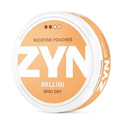 ZYN Bellini Mini Dry nicotine pouch can. Peach and white design, all white mini pouch with dry Bellini cocktail flavor. Discreet and fruity.